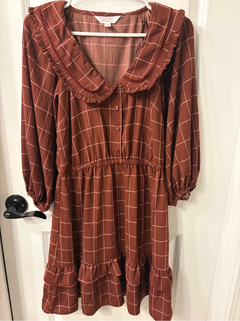 Women's Rust Grid Ruffle Dress